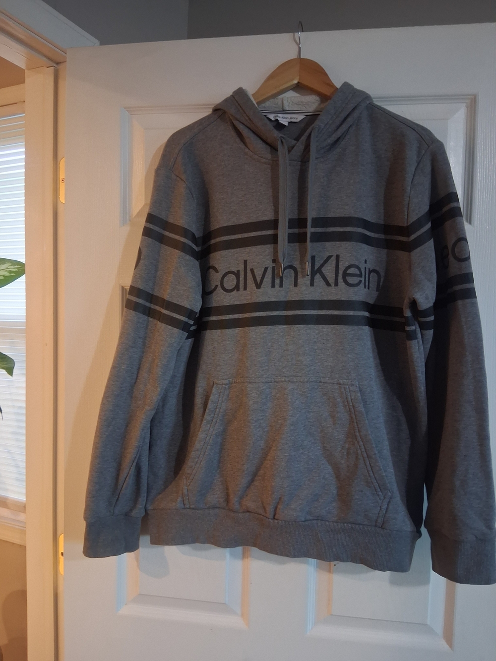 Calvin Klein Gray Pullover Hoodie with Black Logo Stripes